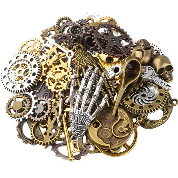 100g(Approx 76pcs) Assorted Colors Antique Metal Steampunk Clock Gear Cog Wheel Skull Key Skull Hand Safety Pin Charms Pendant Jewelry Charms for Craft Jewelry Making Accessory