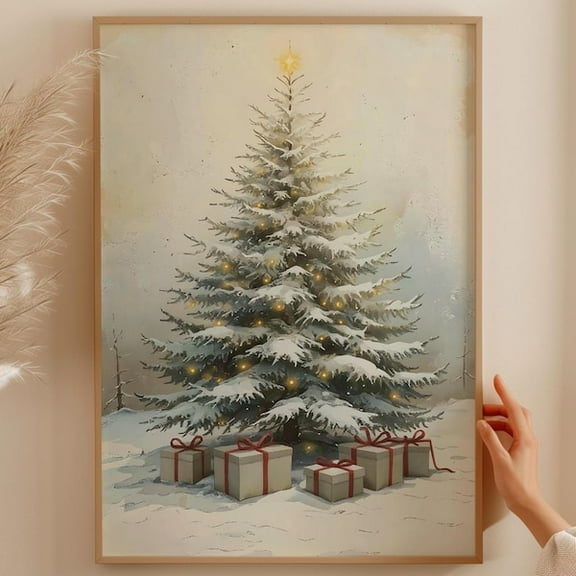 Vintage Christmas Tree Print, Neutral Antique Holiday Decor, Rustic Farmhouse Xmas Decor, Winter Festive Poster- Wall Art Print, 8x12 UNFRAMED