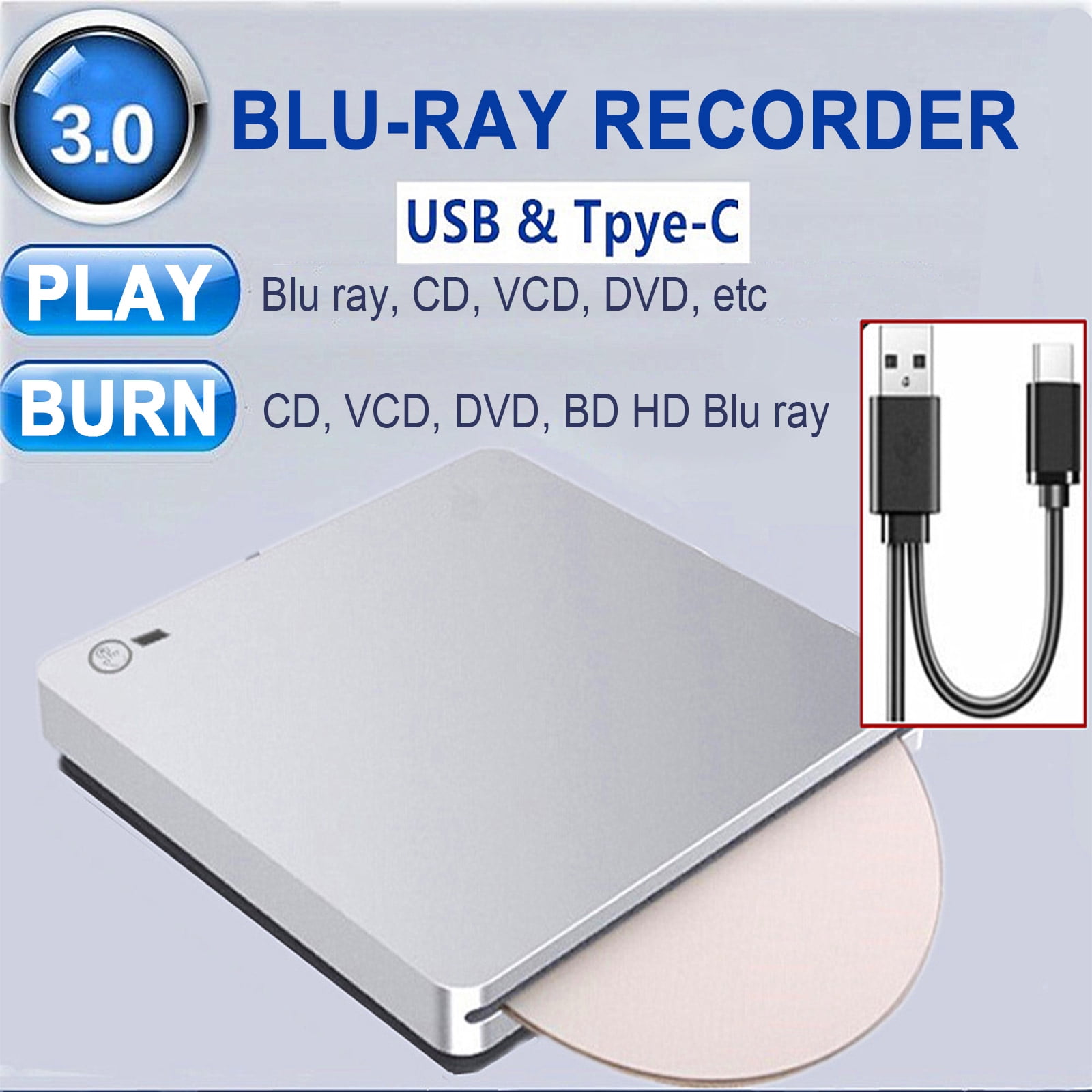 wintale Lecteur DVD Blu-ray externe, USB 3.0 et Type-C Graveur Blu-Ray  Graveur DVD 3D Slim optique Blu-ray Lecteur CD DVD