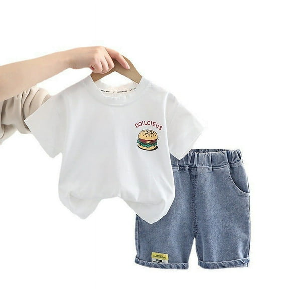 Boys' Summer Suit New Fashion Children's Summer Cartoon Short Sleeve Denim Shorts Handsome Two Piece Baby Set