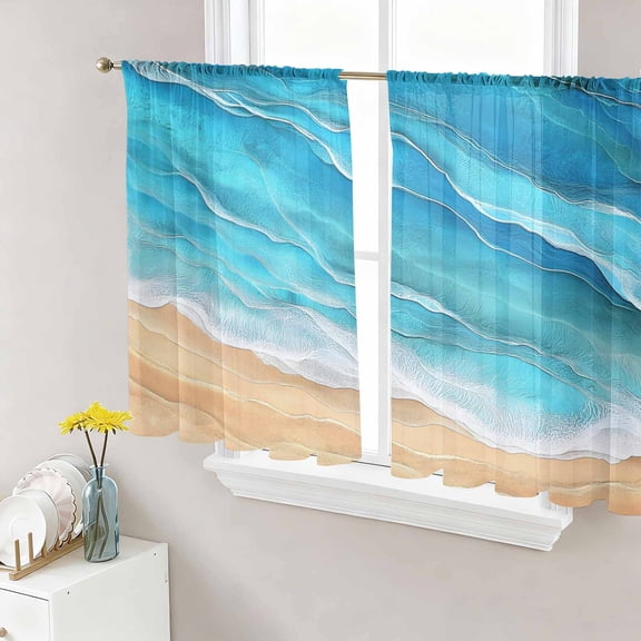 Teal Blue Coastal Beach Sheer Curtains 54 Inch Length 2 Panels Set, Summer Nautical Ocean Beige Seaside Voile Window Treatment Rod Pocket Short Kitchen Curtains Drapes for Bedroom 52"x54"x2