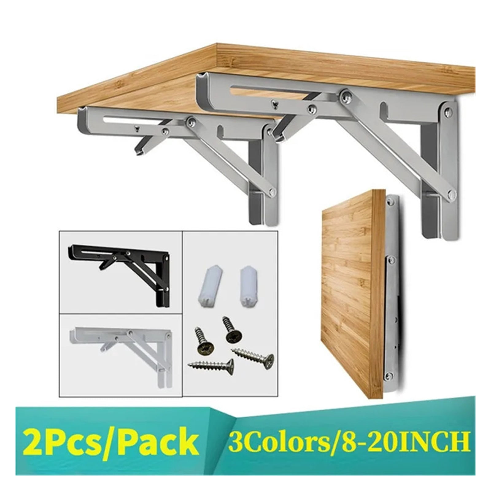 2pcs Heavy Duty Stainless Steel Folding Shelf Brackets Collapsible Wall Mounted L-Table Hinges for Bench Table with Screws