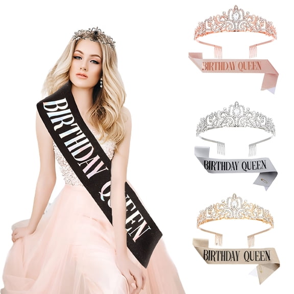 DESIGNICE Tiara with Sash Headband for Women Gold-Plated Crown with Crystals