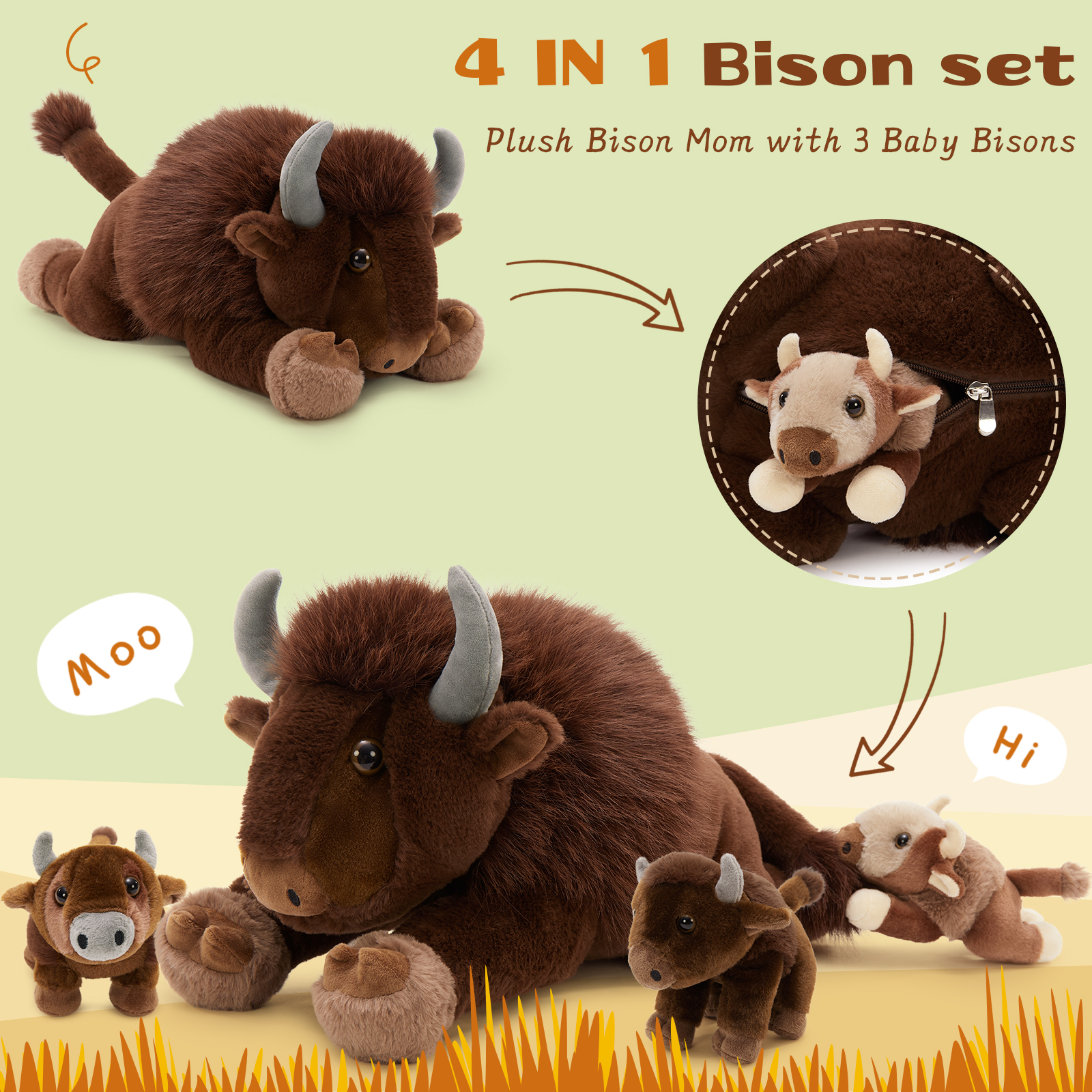 MaoGoLan 4Pcs Bison Stuffed Animal 18inch Bison Mommy Stuffed Animal with 3 Baby Plush Toy Stuffed Cow Toys