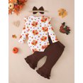 thumbnail image 4 of KIMI BEAR Newborn Baby Girl Thanksginving Day Outfit Set 6-12 Months Clothes Ruffle Long Sleeves Turkey Romper Top Flared Pants with Headband 3pcs Clothing Brown, 4 of 6
