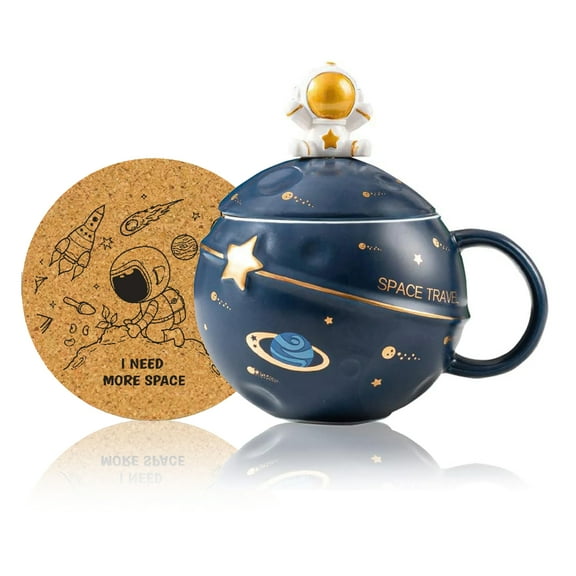 13.5Oz Ceramic Coffee Mug Astronaut Space Embossed Planet Novelty Mug with Lid and Spoon(Dark Blue)