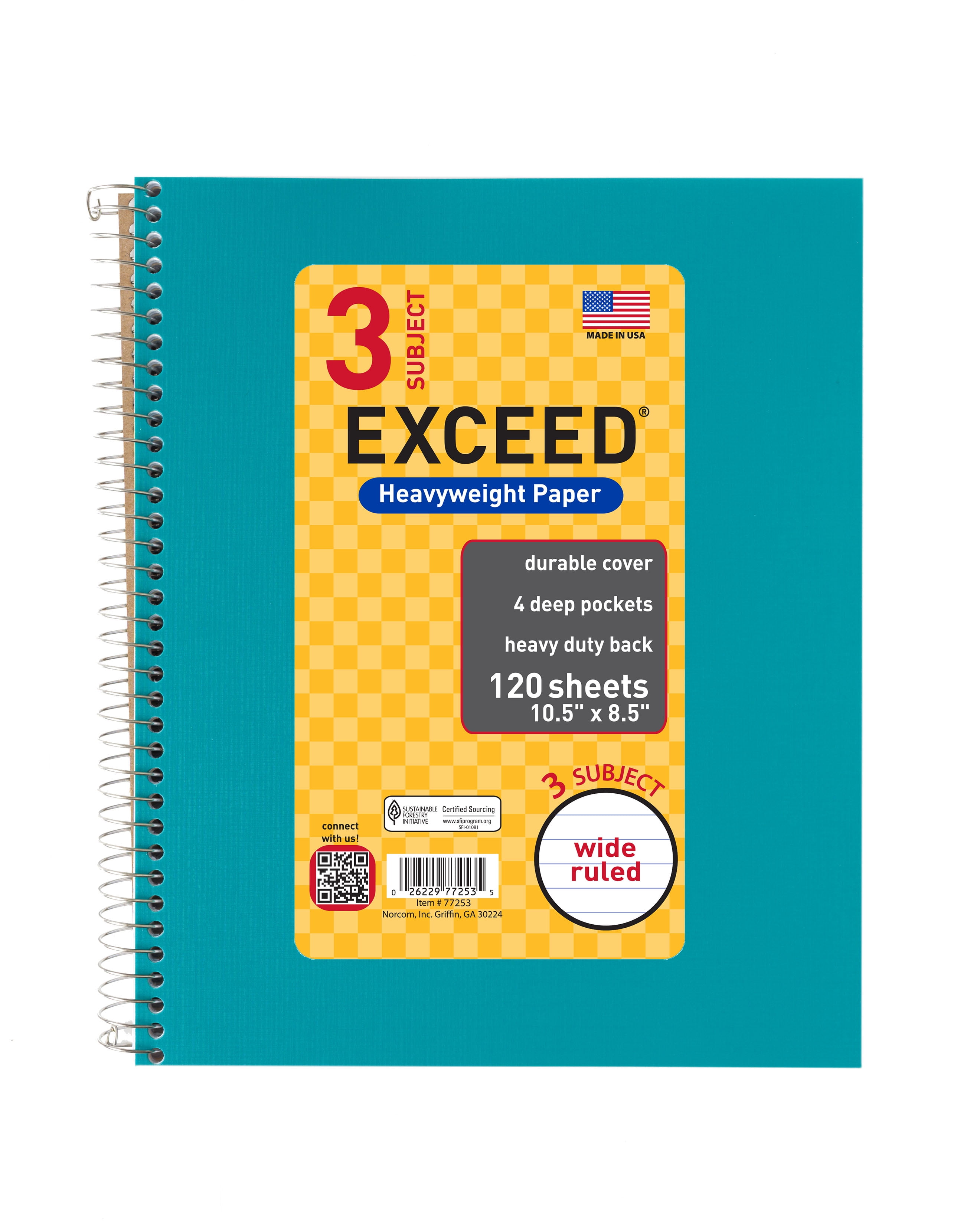 Exceed 3 Subject 120 Count Notebook, Aqua Haze, 10.5' x 8.5', Wide Ruled