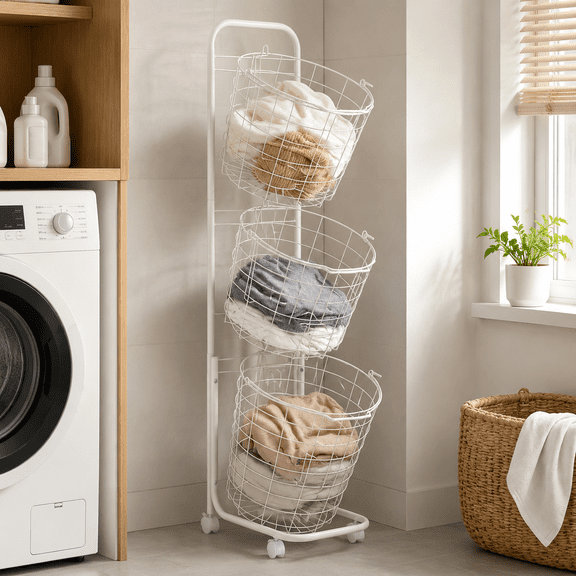 3-Tier Rolling Laundry Hamper with Removable Baskets – White Metal Mesh Laundry Sorter Cart, Freestanding Storage Organizer with Wheels, 48.4" Tall