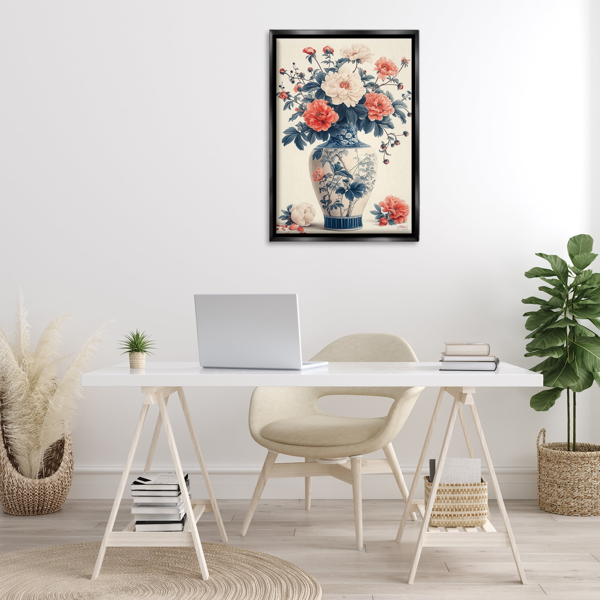 Stupell Industries Vintage Eastern Vase Botanical & Floral Painting Black Floater Framed Art Print Wall Art, 21 x 31