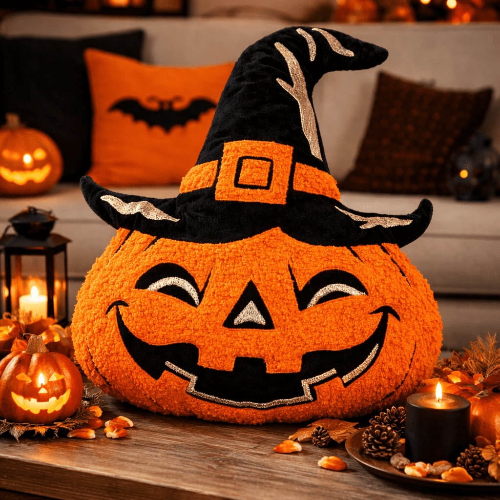 Smiling Jack-o'-Lantern Decorative Pillow, Black and Orange, 14.5", Halloween by Way To Celebrate