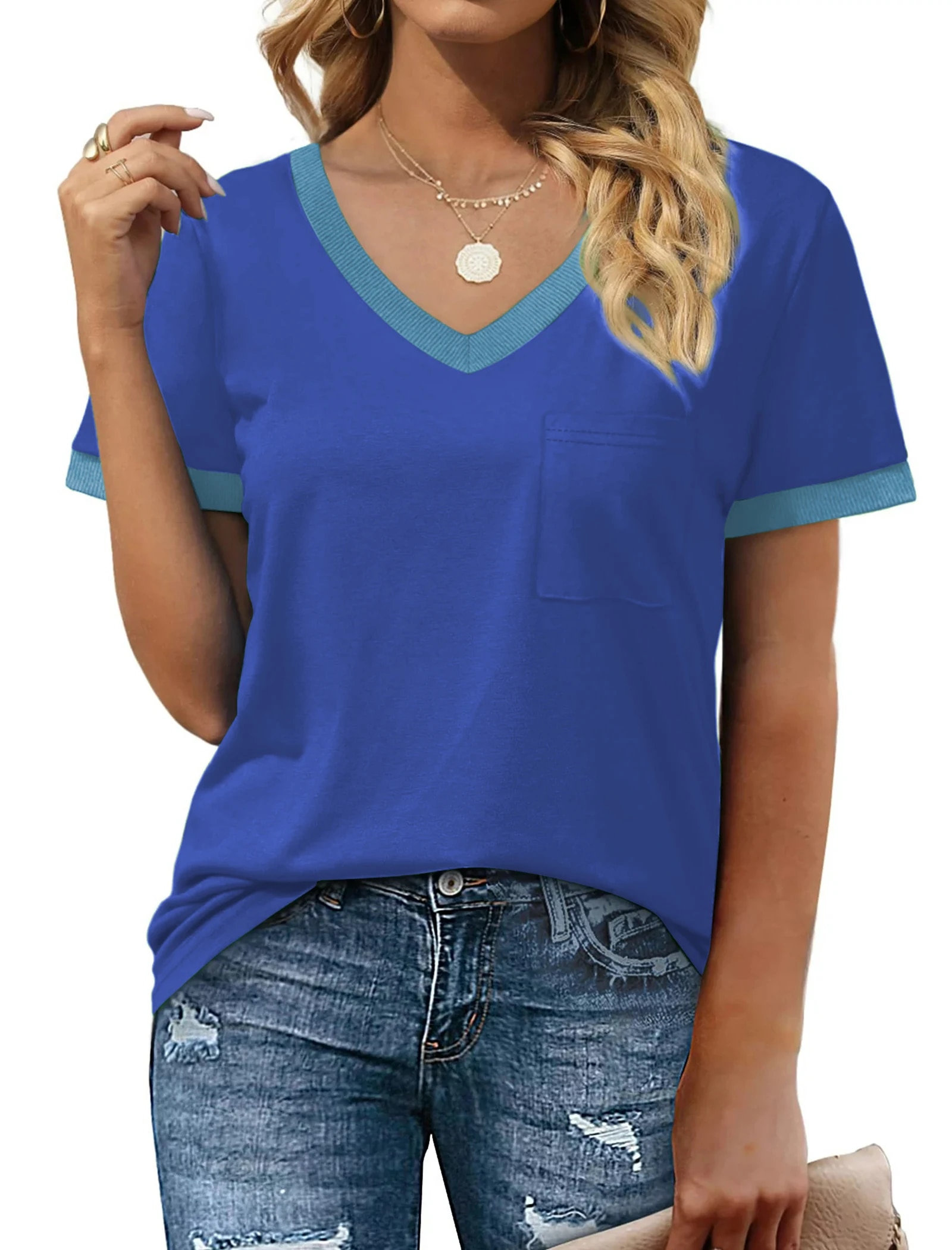 Moshu V Neck Women T Shirts Short Sleeve Loose Casual Summer Tops With Pocket Breathable 4419