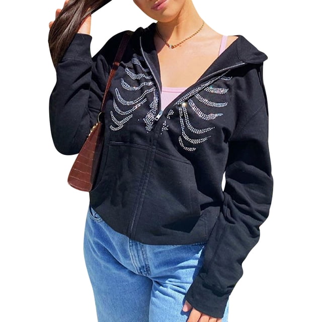Moda mujer Color sólido Sudadera con capucha de esqueleto de diamantes de imitación con capucha MABOTO Sudadera con capucha de mujer