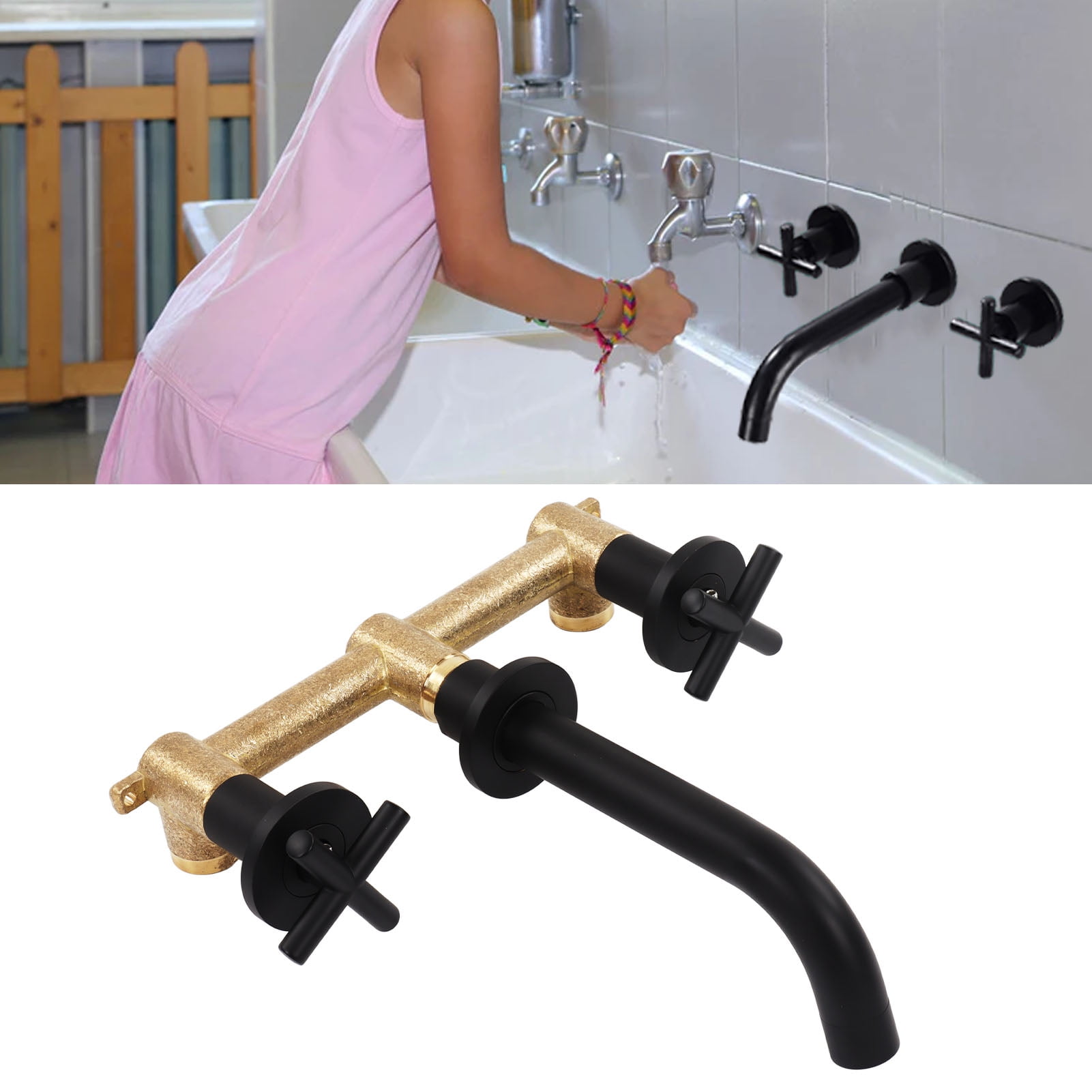 BIMZUC Wall Mounted Bathroom Sink Faucet Hot and Cold Water Mixer Tap Bathtub Faucet Internal and External Thread G1/2 Matte Black Solid Brass Construction (13.38 inches / 34.00 cm)