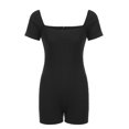 thumbnail image 1 of Women's Cotton Jumpsuits Summer Solid Square Neck Slim Fit Bodysuits Trendy Short Sleeve Zipper Ribbed Shorts Rompers, 1 of 7