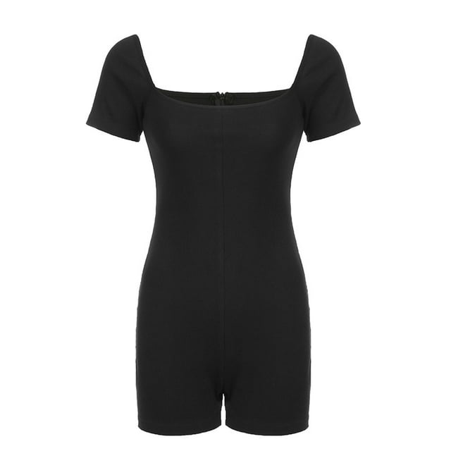 Women's Cotton Jumpsuits Summer Solid Square Neck Slim Fit Bodysuits Trendy Short Sleeve Zipper Ribbed Shorts Rompers