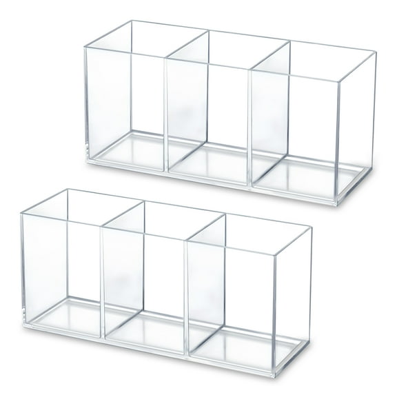 2 Pack Clear Makeup Brush Holder, 3 Compartment Plastic Pen Organizer, Acrylic Silverware Caddy for Storage Desk Vanity Pencil Utensil Marker Cutlery