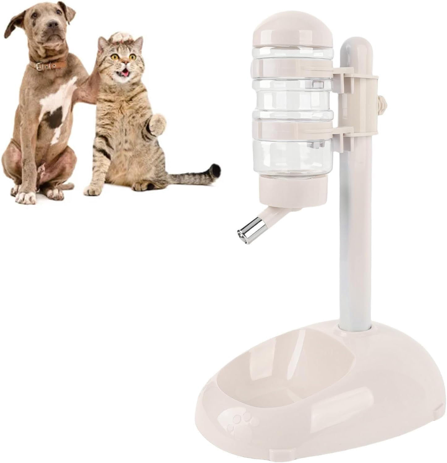 ABCISI Pet Standing Water Dispenser, Height Adjustable Automatic Water Feeder Food Feeder Bowl, 500ml Dog Water Bottle Dispenser, Dog Cat Feeding Water Bowl Set (Beige)