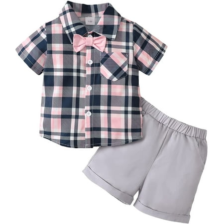 

Toddler Baby Boy Clothes Plaid Shirt +Shorts Sets Summer Outfit Bowktie Top Formal Casual Suits