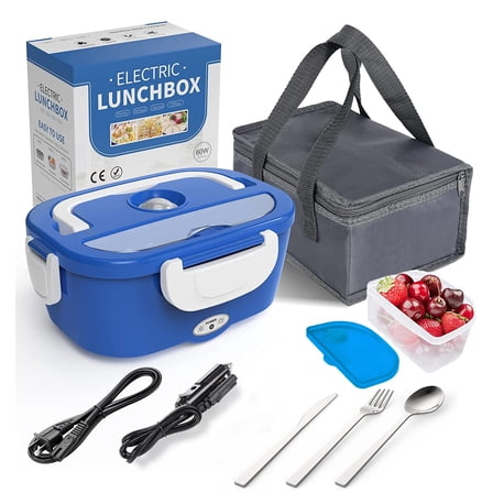 COCOBELA Electric Lunch Box Food Heater 2-In-1 Portable Food Warmer Lunch Box for Car & Home – Leak proof, 2 Compartments, Removable 304 Stainless Steel Container, SS fork & spoon and Carry Bag