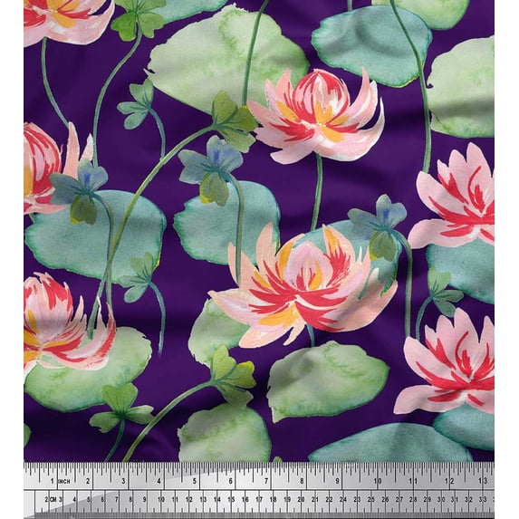 Soimoi Silk Fabric Leaves & Lotus Flower Printed Craft Fabric by the Yard 42 Inch Wide