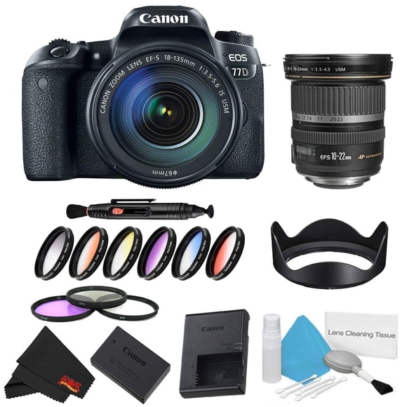 Canon EOS 77D DSLR Camera with 18-135mm Lens Bundle w/ 9 Piece Filter Kit + Bonus 10-22mm Lens (Intl Model)