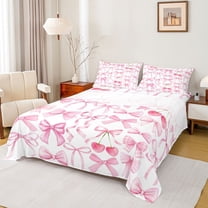 Feelyou Pink Bowknot Cherry Full Size Sheets, Kawaii Princess Bed Sheets, 4 Pieces