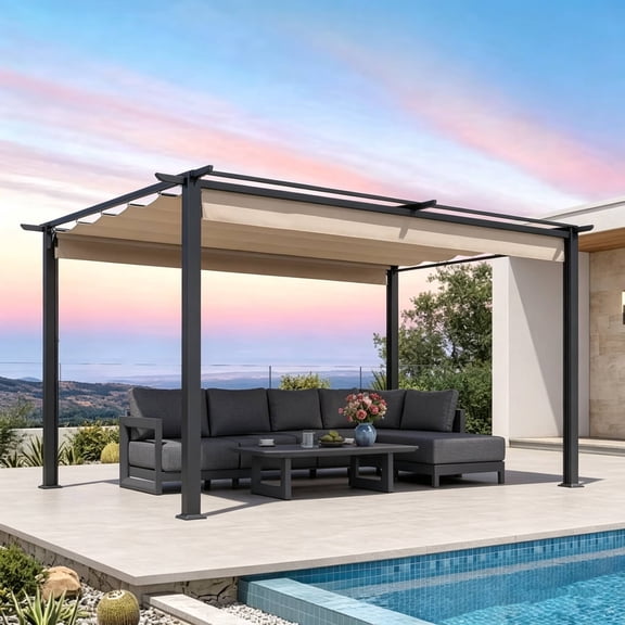 LAUSAINT HOME 10' x 13' Brown Retractable Pergola, Heavy-Duty Aluminum Outdoor Sun Shade Shelter for Patio Deck Backyard
