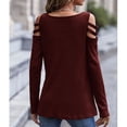 thumbnail image 3 of Mujer Manga Larga Top Cuello En V Cremallera Hombro Frío Color Puro Tipo Suelto Camiseta Casual Vino Rojo XL, 3 of 7