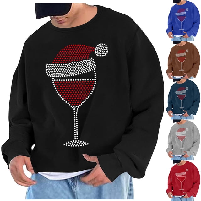 UVEASISHA Chandails de Mode pour Hommes de Noël, Imprimé de Verre de Vin Fantaisie, Col Rond, Chandails à Enfiler, Hauts Surdimensionnés Décontractés, Chandail Graphique de Noël, Soldes de Liquidation de Noël, Bleu 2TG
