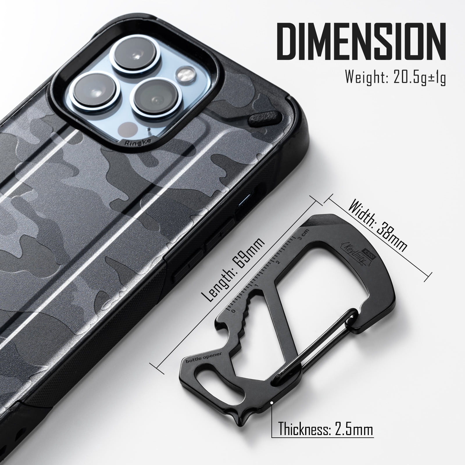 Key Unity 7-in-1 Stainless Steel Carabiner Clip, EDC Multitool with Ruler, Bottle Opener, Wrench, Key Clip, Pry bar, Phillips Screwdriver and Slotted Screwdriver, Black