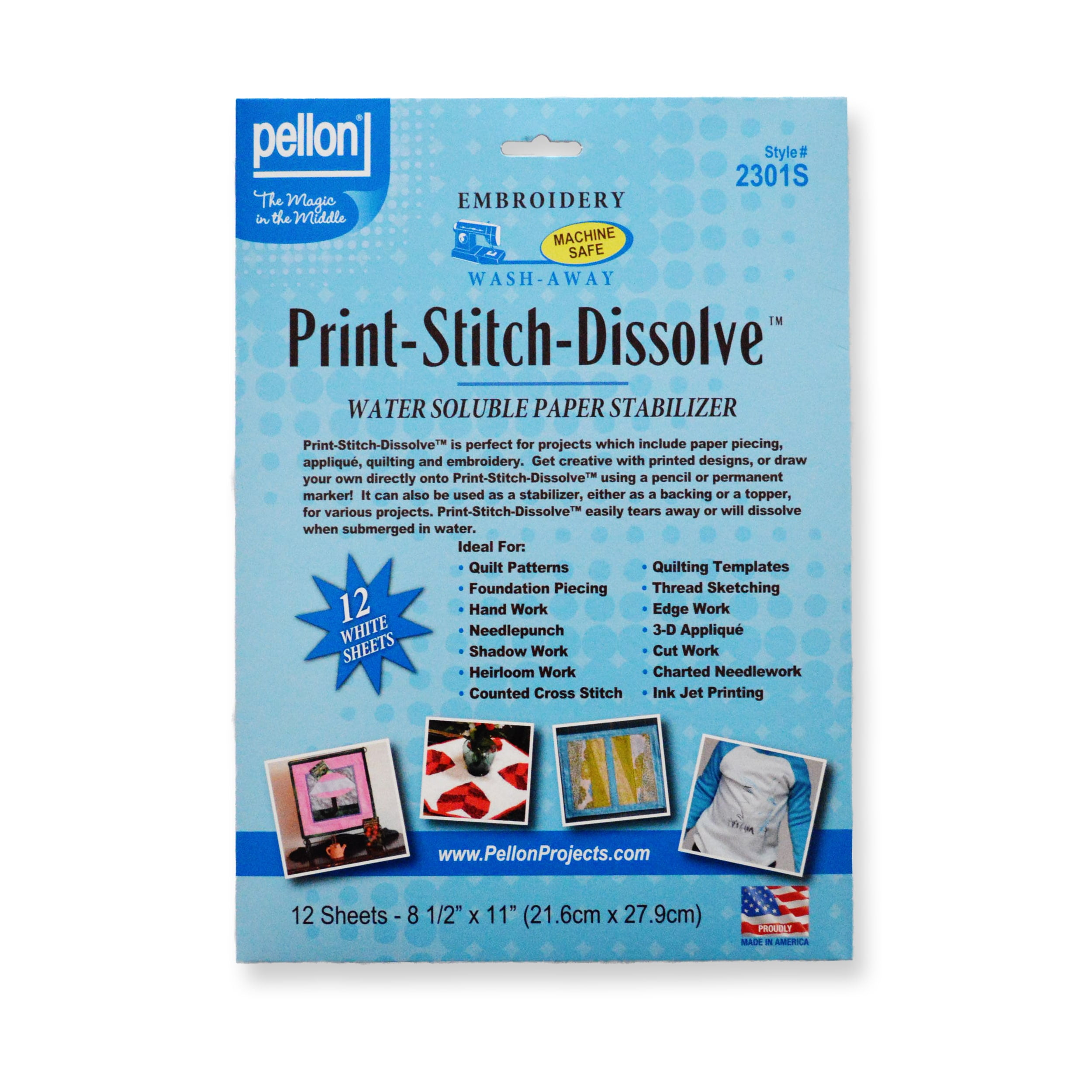 Pellon Print-Stitch-Dissolve Paper Stabilizer, White 8.5 x 11 Length 12  Sheets Precut Embroidery Kits