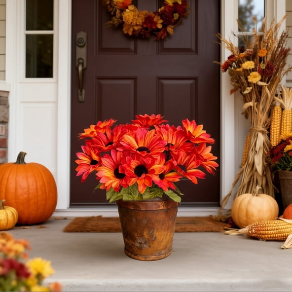 JeashCHAT Fall Artificial Sunflower Bouquet, Thanksgiving Fake Flowers Silk Flowers for Summer Garden Porch Window Box Table Vase Home Indoor Outdoor Decoration, Orange