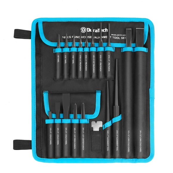 DURATECH Ensemble de 18 Pcs d'Outils de Poinçon/biseau/alignement, Incluant Poinçon à Épingle, Poinçon Central, Poinçon à Ongles, Outil d'Alignement, Biseau Froid, Jauge Biseau, pour Enlever Outil de Réparation