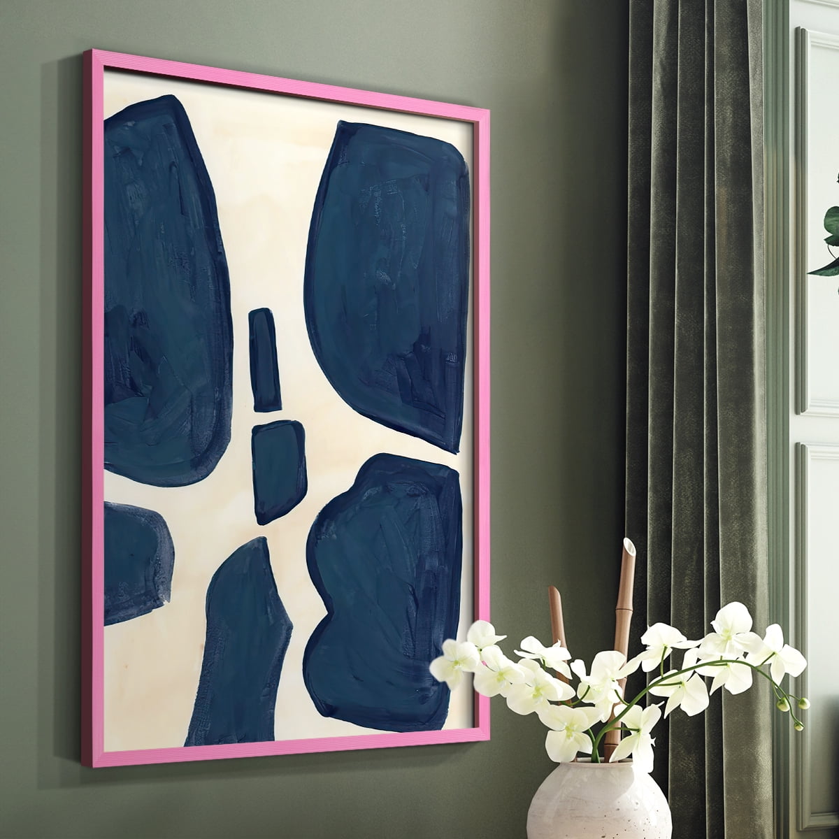 Blue Pieces II Framed Print in Pink Solid Wood Framed Print No Nail Hanging