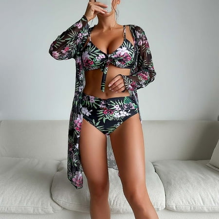 Dihao Womens Swimsuit Women s Summer Floral Printed Bikini Set 3 Piece Straps Bikini Deep V Tops+ Underwear+ Cover up Coat Three Piece Sexy Split Swimsuit Set Three Piece Swimsuit Set