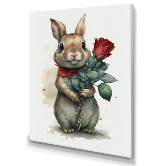Designart Bunny Love Holding A Rose Canvas Wall Art