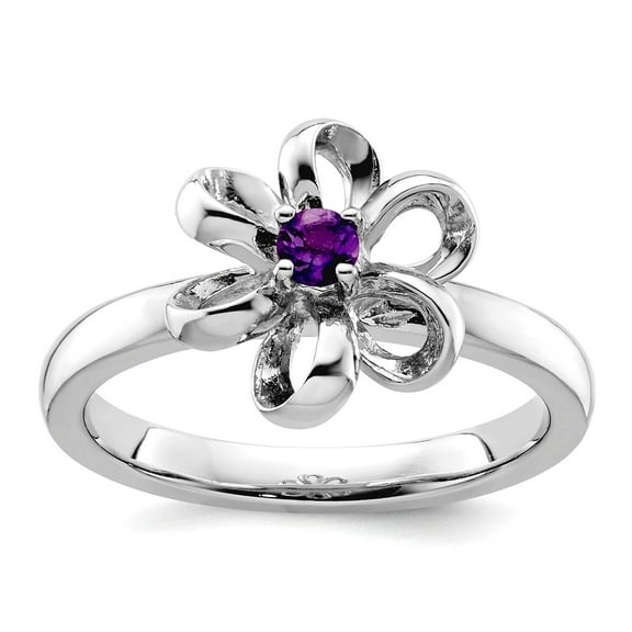 925 Sterling Silver Prong set Stackable Polished Amethyst Flower Ring Size 7 Stackable Ring for Women