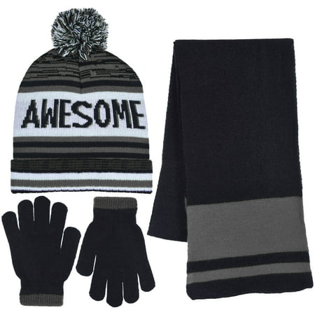 Polar Wear Boy's 3 Piece Knit Hat, Scarf & Gloves Set in 4 Fun