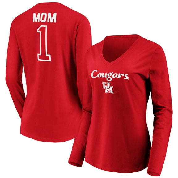 Women's Red Houston Cougars #1 Mom Long Sleeve V-Neck T-Shirt