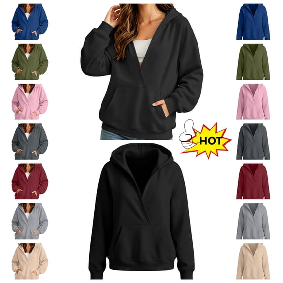 DISKEBUISS Women's Wrap V Neck Hoodie Long Sleeve Front Kangaroo Pocket Loose Casual Sweatshirt