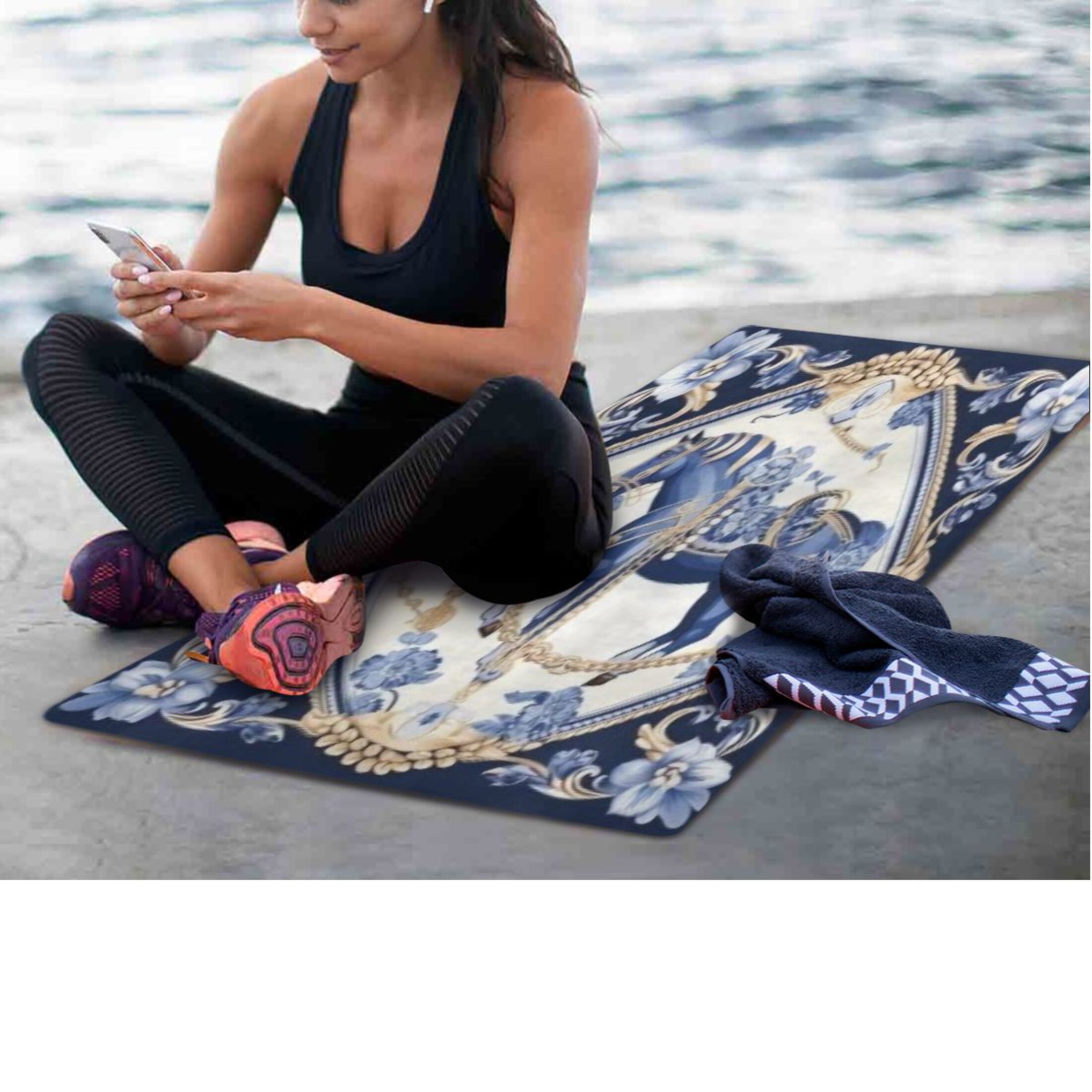 BZSMCE Yoga Mat Women Fitness Mat Ornate Blue Horse in A Floral Frame Pattern