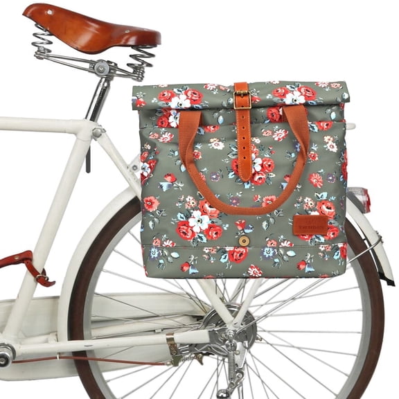 Tourbon Roll-Top Canvas Floral Bike Rear Rack Pannier Bag, Green, 1 Pack