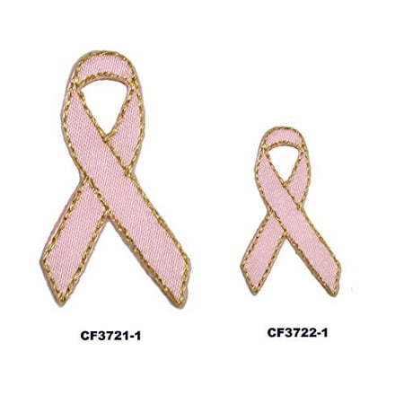 Altotux Self Adhesive Pink Breast Cancer Awareness Ribbon Satin Patch with Metallic Gold Thread Sticker Iron Sew On