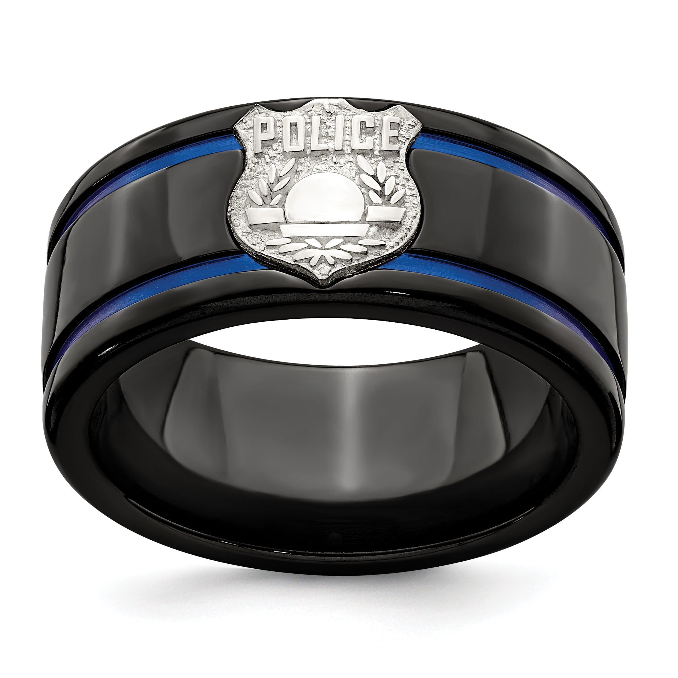 Bridal Wedding Bands Decorative Bands Edward Mirell Black Ti Blue Anodized with SS Police Shield Tag 10mm Band Size 8 