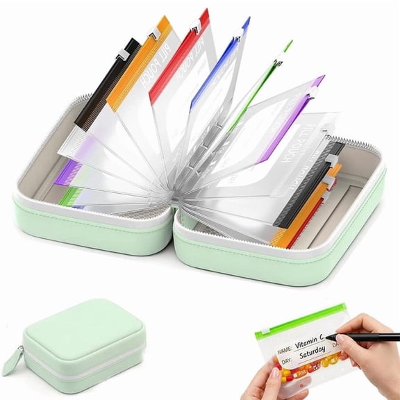 A8 Waterproof Pill Organizer Set, 14 Color-Coded Travel Medicine Pouches, Weekly Zipper Pill Organizer Case, Portable Storage for Pills, Vitamins and Supplements, Jewelry