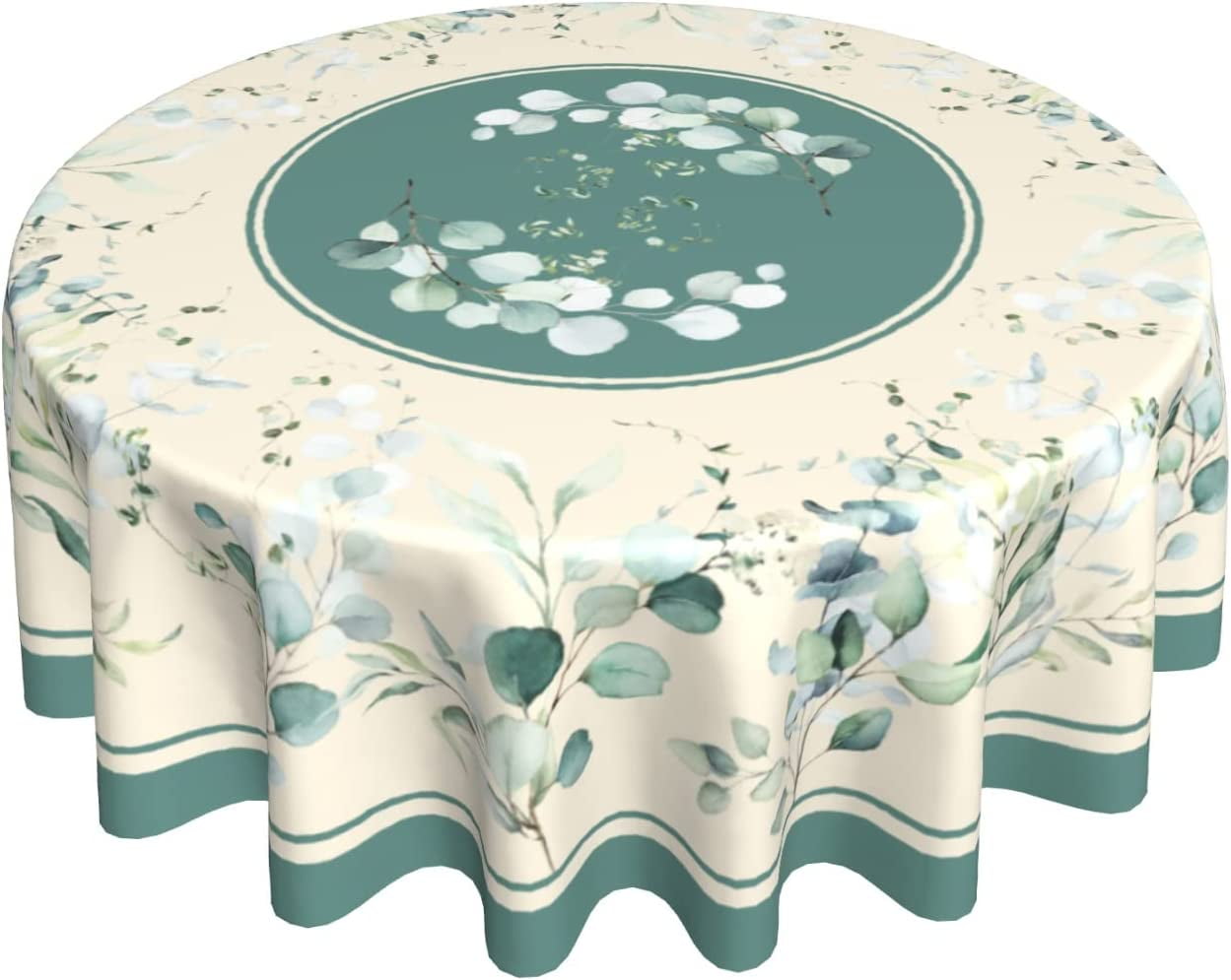 Round Spring Tablecloth 60 Inch Watercolor Sage Green Leaf Floral Print