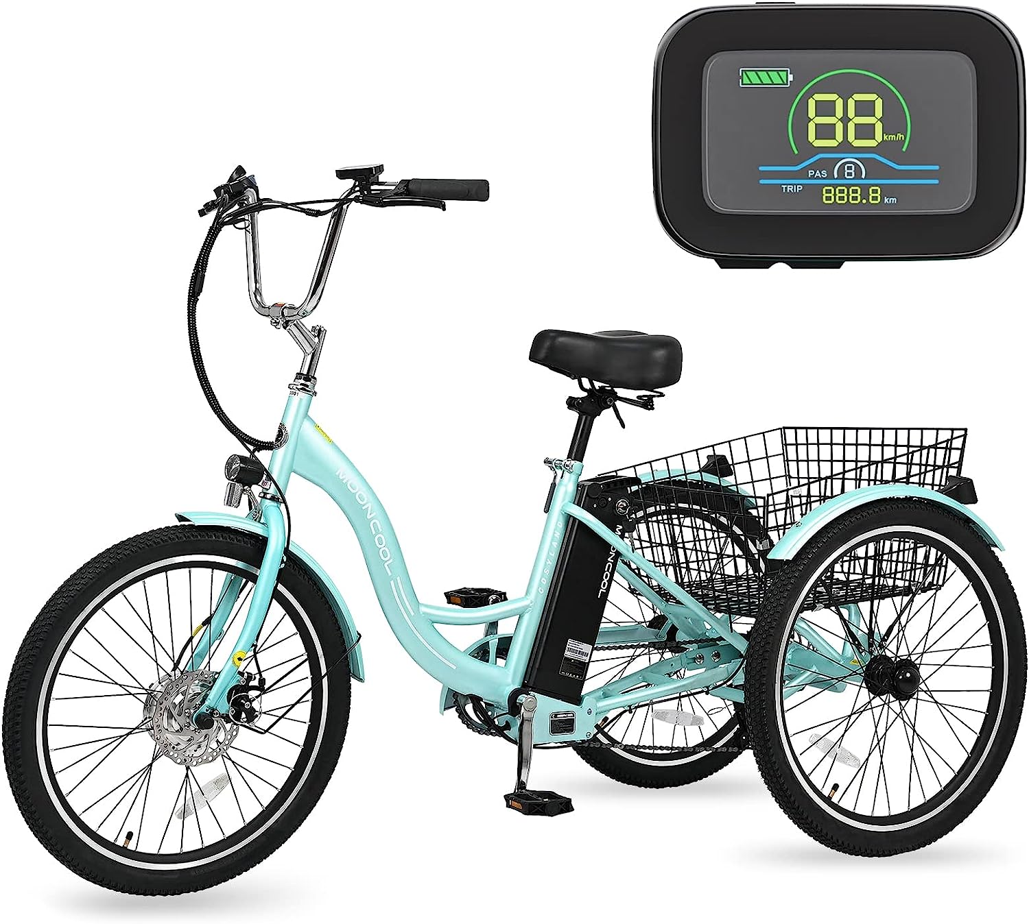MOONCOOL 24"/26" 350W Motorized Electric Trike, 7 Speed 3 Wheel Electric Bicycle with 36V Lithium Battery UL Certified, Electric Tricycle for Adults with Rear Basket