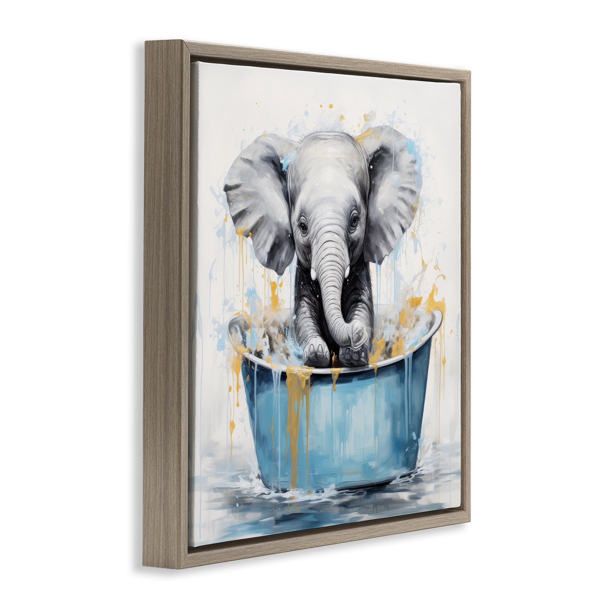Stupell Industries Bathing Baby Elephant Typography Painting Brown Floater Framed Canvas Art Print Wall Art, 25 x 25