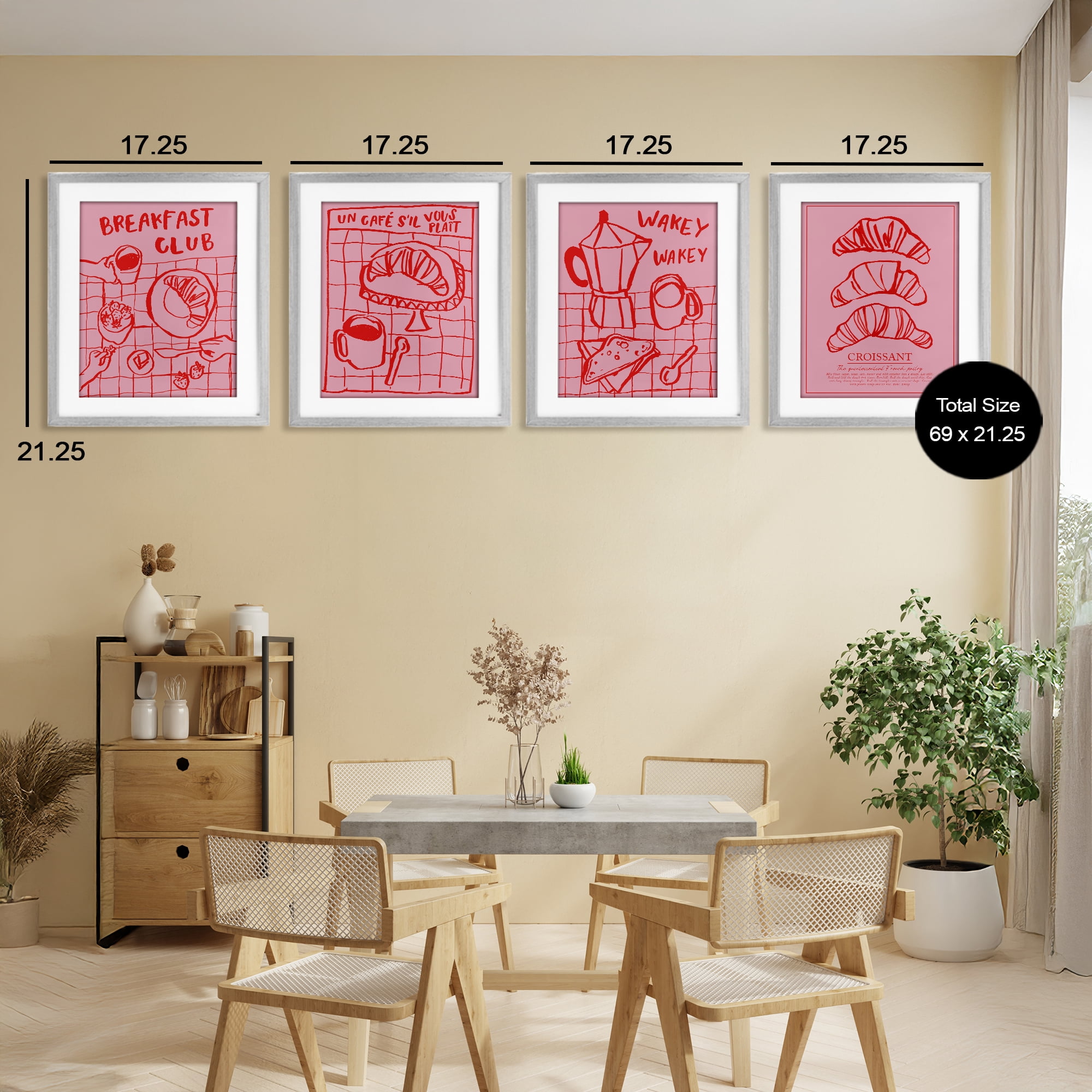 Stupell Industries Pink & Red Breakfast Doodles 4 Piece Gray Framed Print Under Glass Set, design by Jenaya Jackson