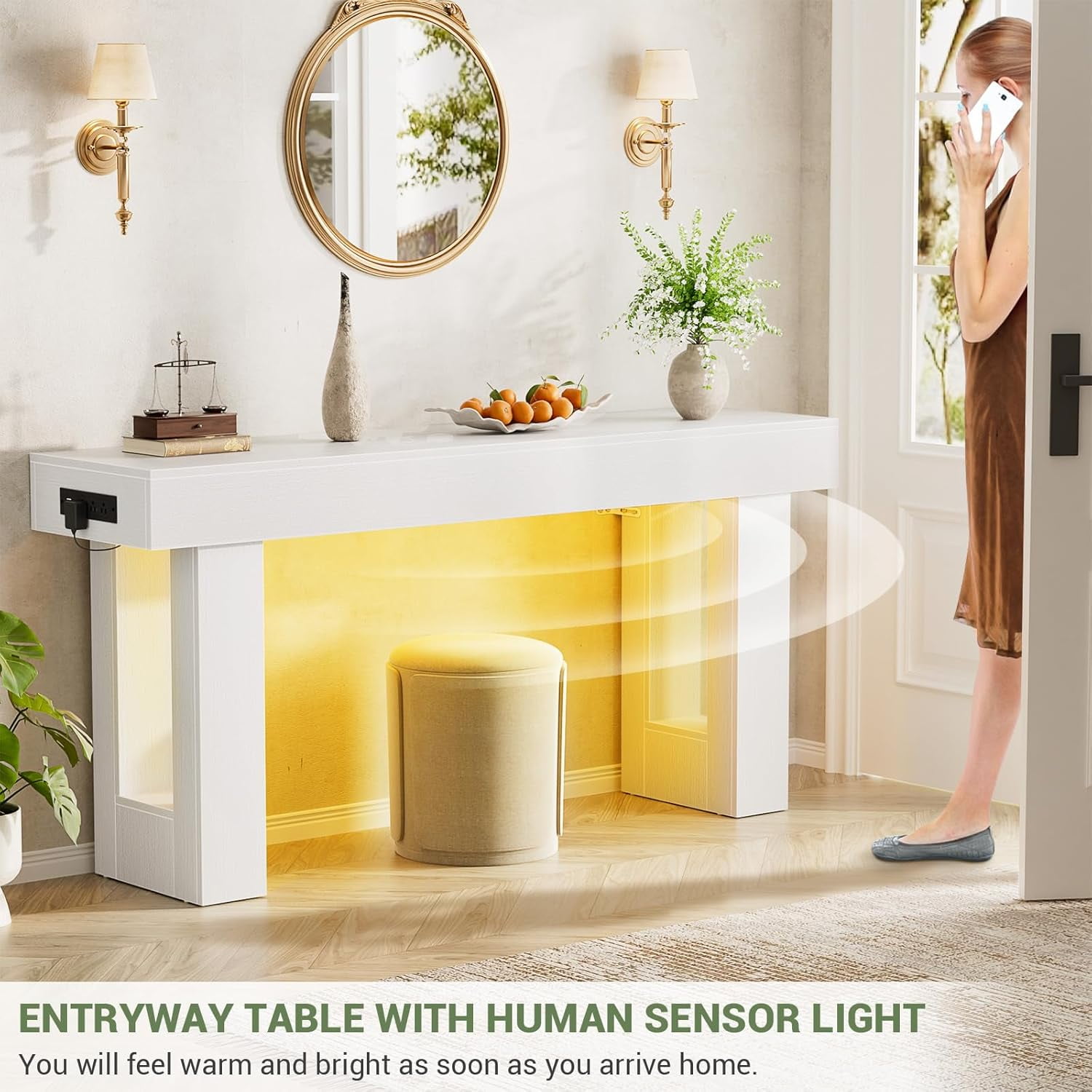Homieasy 63'' Farmhouse Console Table with Power Outlets and Sensor Light, Wooden Entryway Table Narrow End Table with Storage for Entrance, Hallway, Living Room, Bedroom, White